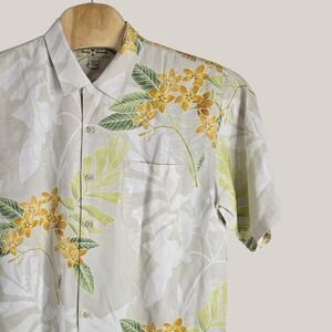 Tommy Bahama Mens Sz L Silk Floral Tropical Camp Shirt Beige Yellow Short Sleeve